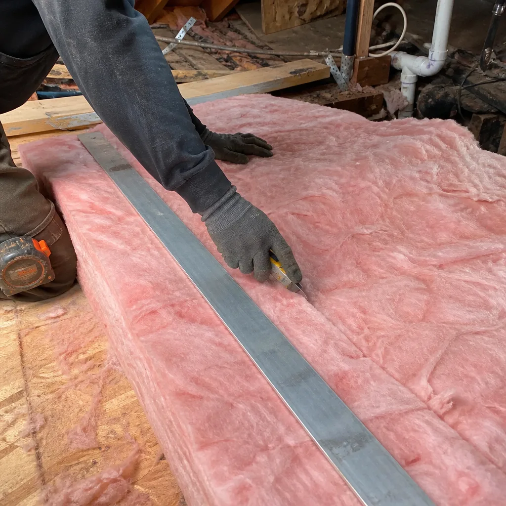 Contractor cutting pink fiberglass batt insulation in an attic. in Orange County, CA