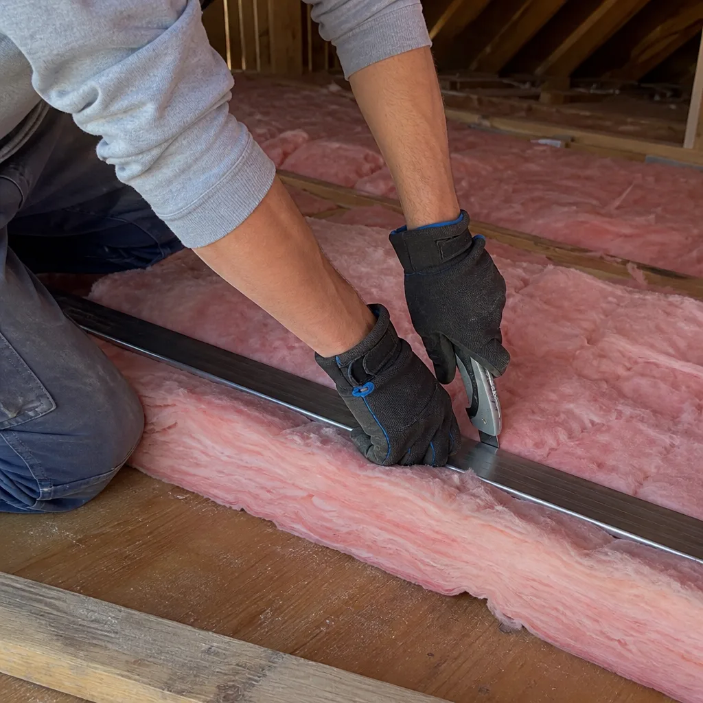 Professional installing fiberglass attic insulation using a utility knife and guide in Orange County, CA