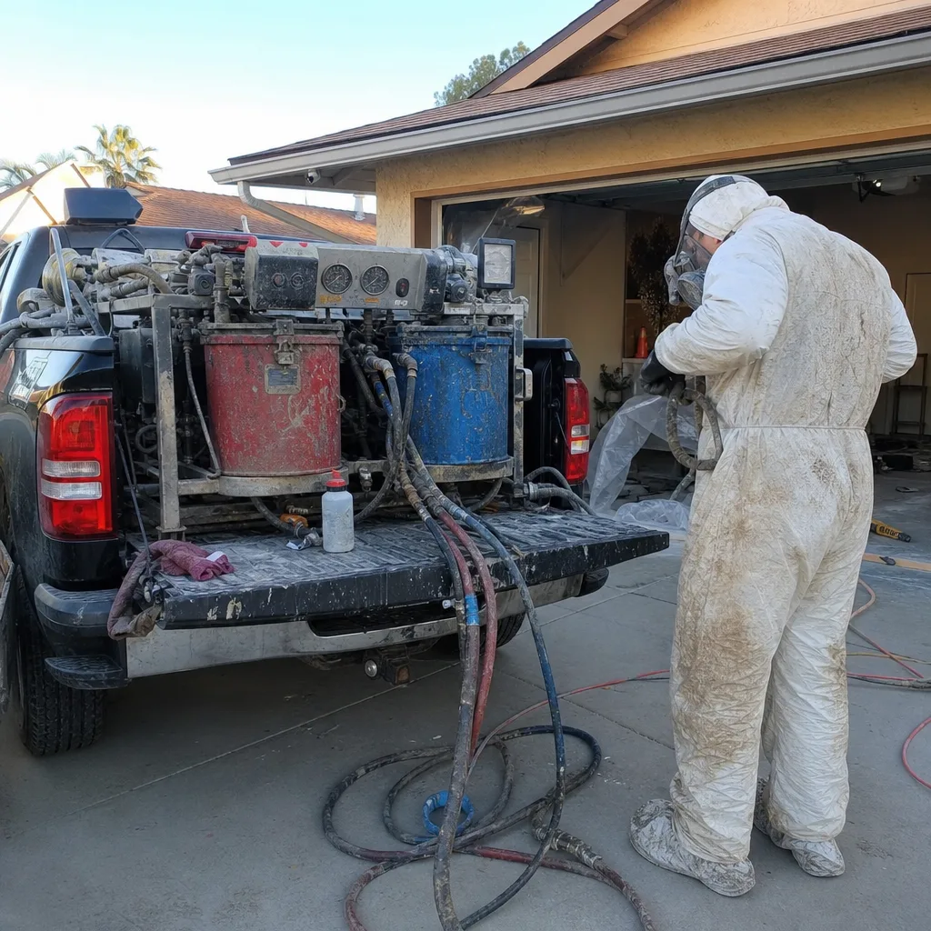 Professional contractor applying spray foam insulation from a truck mounted rig